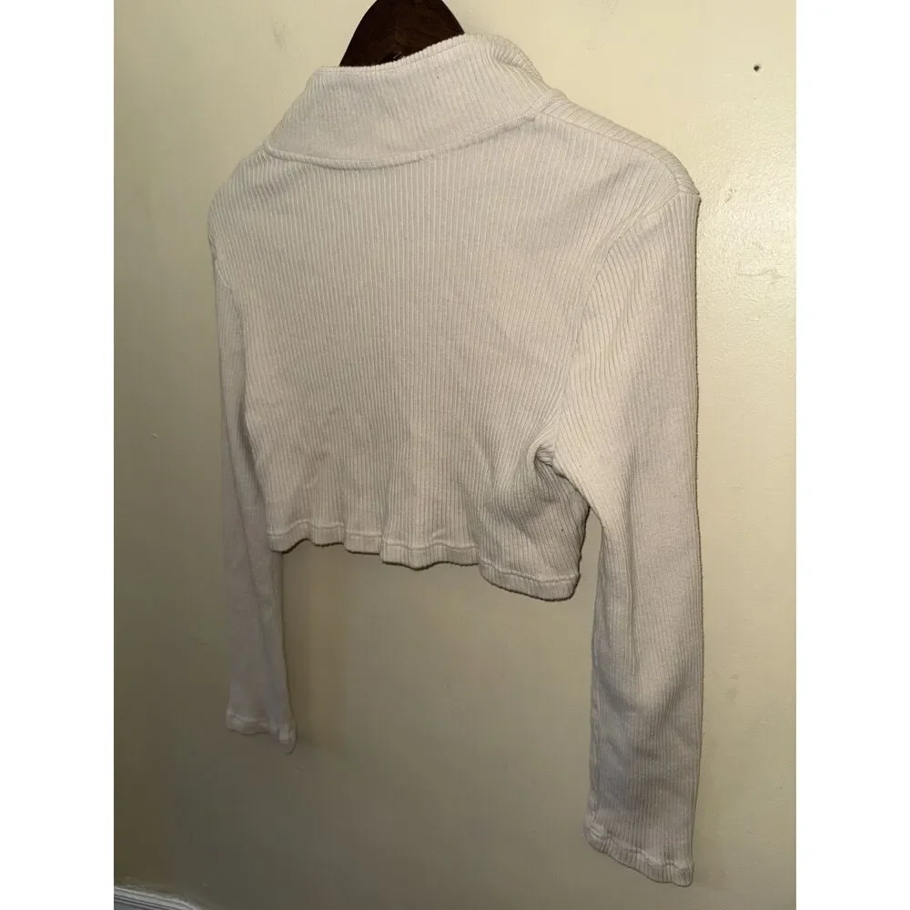Free People FP Beach Cream Ribbed Cropped Collared Plunge Long Sleeve Top M